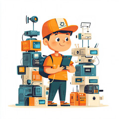 Colorful illustrations for children showcasing various electricity-related professions such as electricians, electrical technicians, auto electricians, and more, perfect for books, online education, a