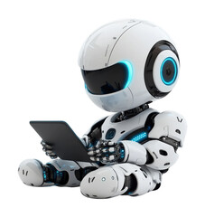 Ai robot using tablet on high fidelity concept technology environment futuristic viewpoint isolated on transparent background png
