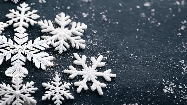 Delicate Snowflake Texture Close Up on Dark Surface with Space for Winter Quotes