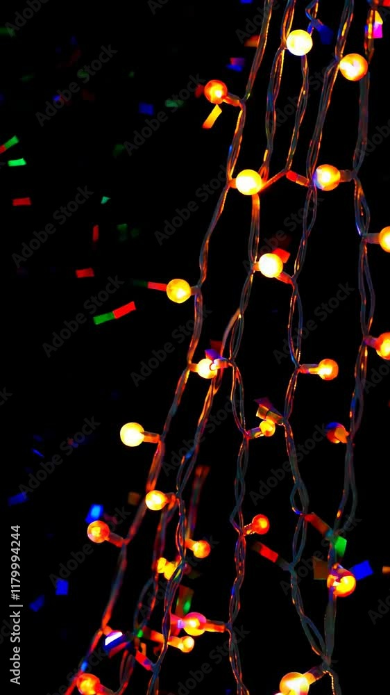 Poster plate filled with colorful confetti, illuminated by warm string lights creating a festive atmosphere