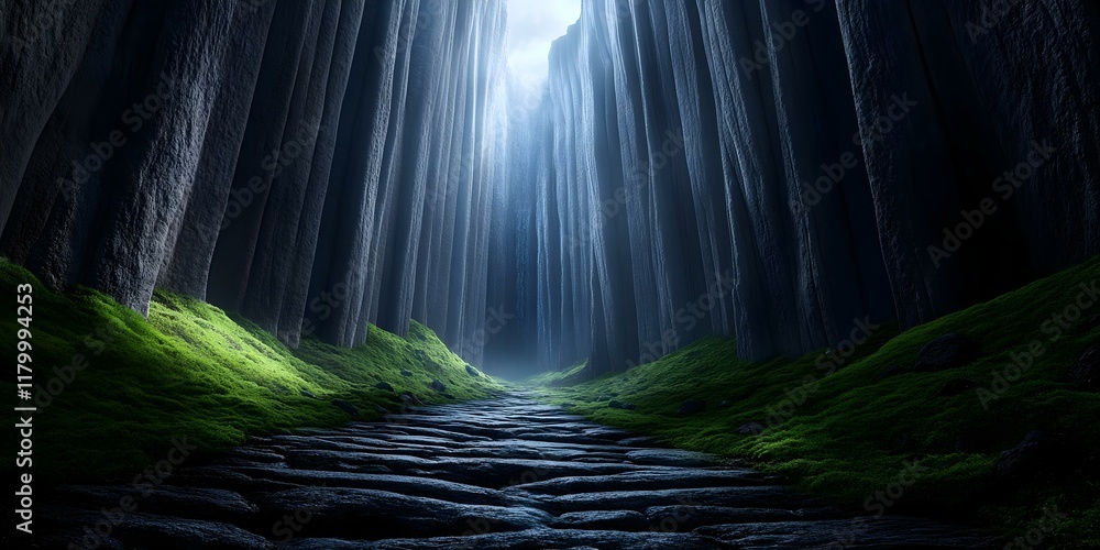 Poster a serene pathway through towering cliffs, illuminated by light, with lush greenery and a stone path 