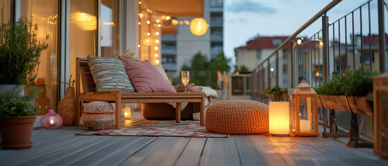 Fototapeta premium cozy balcony with soft lighting, perfect for relaxation at dusk