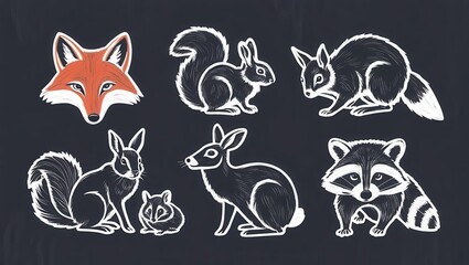 Fototapeta premium Charming Chalkboard Illustrations of Forest Animals Fox Squirrel Rabbit Raccoon Wildlife Art