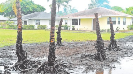 Flood Damage Palm Trees Suburb.