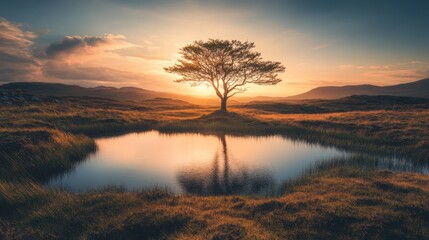 Obraz premium Solitary tree sunset reflection highland landscape, peaceful nature scene