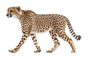 Cheetah walking in profile on animal high fidelity wildlife concept isolated on transparent background png