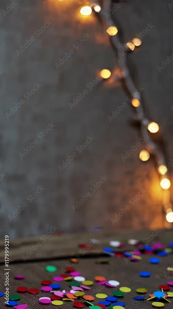 Poster plate filled with colorful confetti, illuminated by warm string lights creating a festive atmosphere