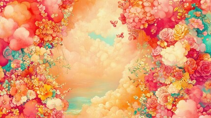Floral dream landscape, soft colors, airy clouds, romantic scene, perfect for wallpaper or print.