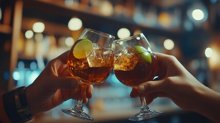 Two people clinking glasses of amber liquid with lime