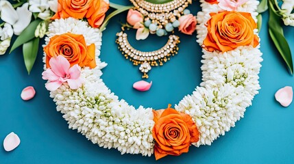 Floral garland, jewelry, teal background, accessory, adornment.