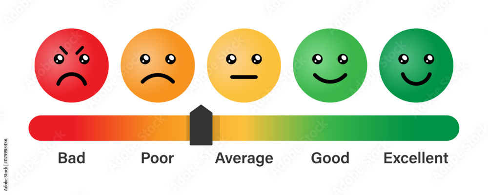 Sticker cute rating emoji set in gradient style with bad, poor, average, good and excellent slider indicator