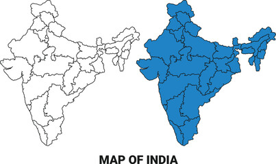 India Blue detailed outline map border regions outline vector set