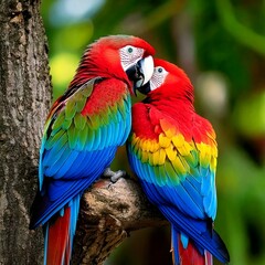 Fototapeta premium A pair of colorful parrots sitting on a tree