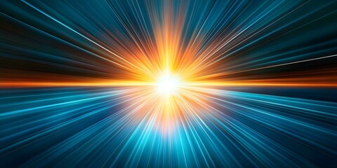 Fototapeta premium A bright explosion of light radiating outward, with vibrant orange and blue lines creating a sense of motion and energy. Concept Dynamic Light Explosion, Vibrant Color Contrast