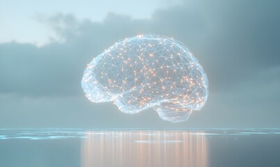 Illuminated brain network floating above water.