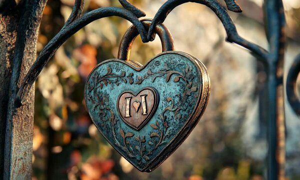 Romantic love lock engraved with initials, attached to a heart-shaped metal fence