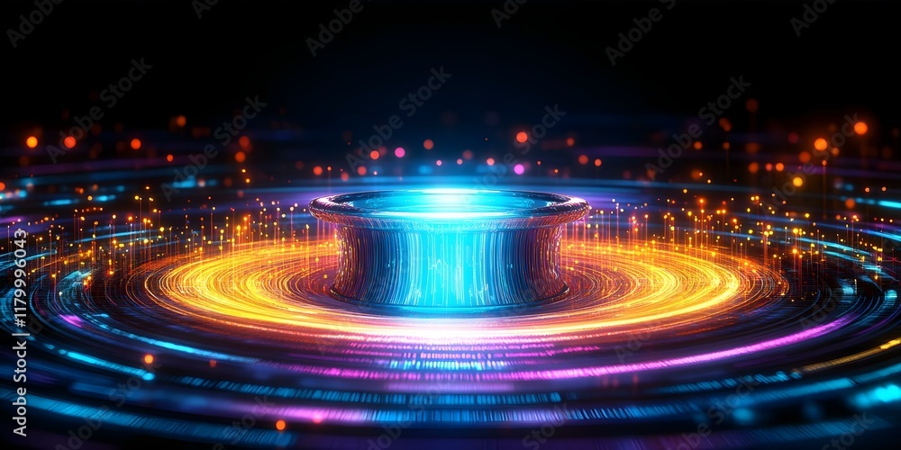 Poster a futuristic, abstract design featuring glowing circular patterns and bright, colorful lights creati