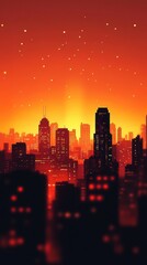 Obraz premium Orange Sunset Over Illuminated City Skyline