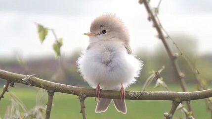 Fluffy baby bird on branch, soft light, out of focus background. Possible use Nature, wildlife, education.