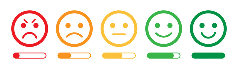 Obraz premium Rating emoji set with progress bar bad to good feeling indicator for customer feedback in stroke style. Feedback or rating scale with smiley icon set.