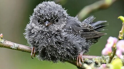 Fluffy baby bird perched on branch.