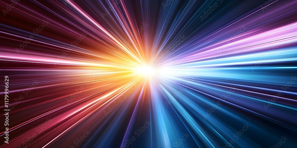 Poster a vibrant burst of light with rays in various colors radiating outward, creating a dynamic and energ
