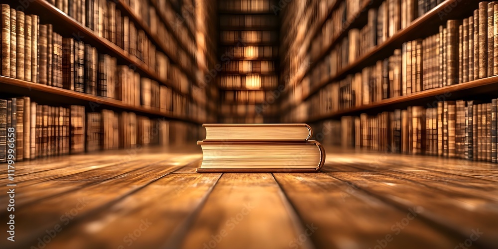 Poster a cozy library setting with two stacked books in the foreground and shelves filled with books in a w