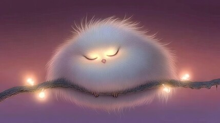Fluffy bird resting on branch at dusk.