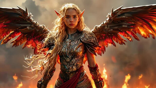 Epic fantasy elf warrior showcases powerful presence in a fiery landscape with detailed armor and magnificent wings