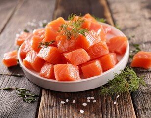 cubes de saumon frais dans une assiette avec des herbes pour recette en ia