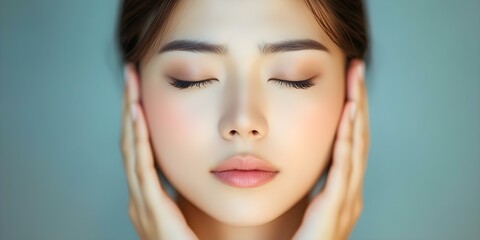 Fototapeta premium A close-up of a serene woman with closed eyes, gently holding her face with both hands, set against a soft background. Concept Serene Portrait, Close-Up Photography, Calm Expressions, Gentle Touch