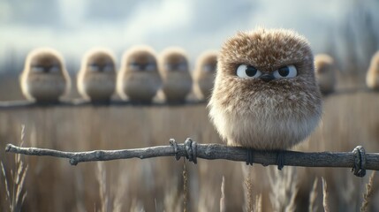 Fluffy birds on a fence in a field.