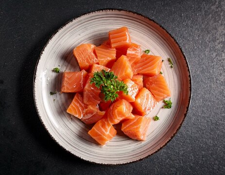 cubes de saumon frais dans une assiette avec des herbes pour recette en ia
