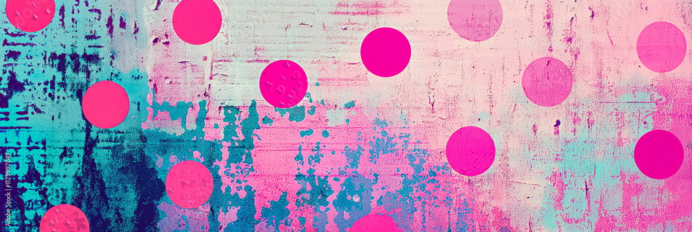 Poster a vibrant abstract design displays large pink circles against a textured background of blue and pink