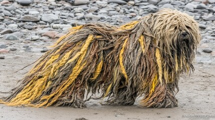 Fluffy dog on a rocky beach.