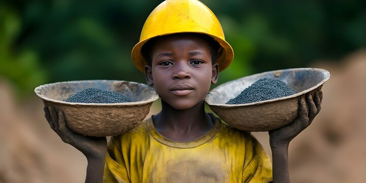 A child wearing a yellow hard hat holds two bowls of black material, showcasing the challenges of child labor in mining. Concept Child Labor Issues, Mining Industry Impact, Visual Storytelling