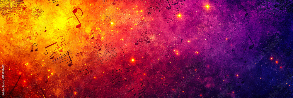 Poster An abstract background filled with vibrant musical notes emerges from a blend of warm colors, creating a lively atmosphere at twilight