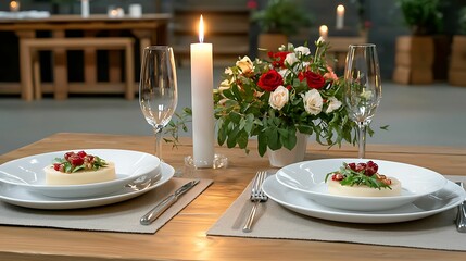 Fototapeta premium Design subtle homey concept, Elegant dinner setting with two plates, wine glasses, a candle, and a floral centerpiece on a wooden table.