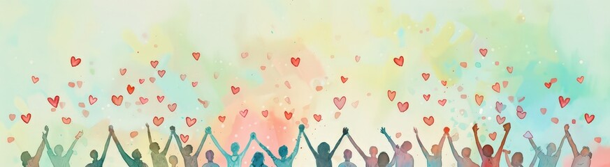 Joyful celebration of love and unity with hands raised high amidst pastel hearts and vibrant colors