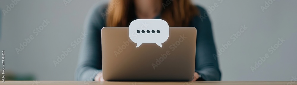 Poster a person using a laptop with a message bubble icon, symbolizing online communication and digital int