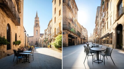 Obraz premium Scenic European Village Street with Sunlit Buildings, Charming Outdoor Dining Areas, and Historical Architecture, Ideal for Travel and Culture Themes