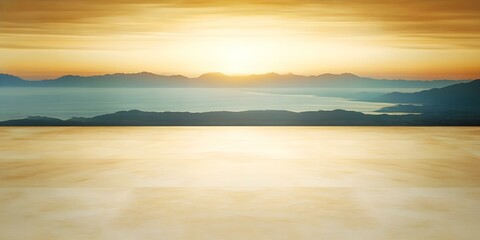 Obraz premium A serene sunset over calm waters, with mountains in the background and a smooth, reflective surface in the foreground. Concept Serene Sunset, Calm Waters, Reflective Surface, Majestic Mountains