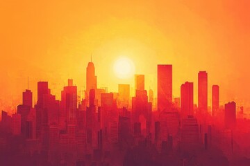 Cityscape Silhouette at Sunset Warm Hues Dominate