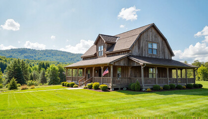 Rustic wooden house with porch against green landscape