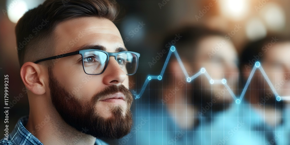 Poster a man with glasses appears thoughtful, with a digital graph overlay suggesting analysis or data inte