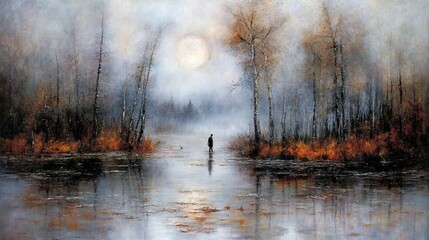 Fototapeta premium Foggy forest scene with lone figure.