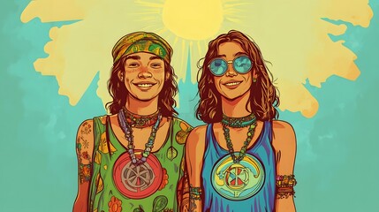 Fototapeta premium Two Smiling Hippie Women Under a Sunny Sky