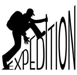 Man climbs a mountain, the mountain is depicted in the form of the word "Expedition". Vector illustration in black isolated on a white background