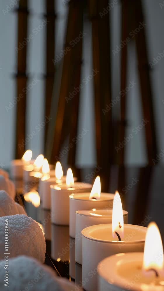 Poster serene spa setup with a row of lit candles creating a warm and calming ambiance