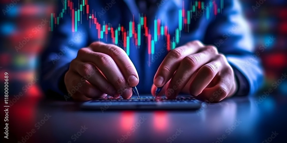 Aufkleber a person using a calculator while analyzing financial data, indicated by a stock market graph in the